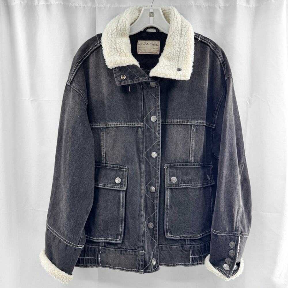 We The Free Ariel Cozy Denim Bomber Sherpa Jacket Sz S Oversized